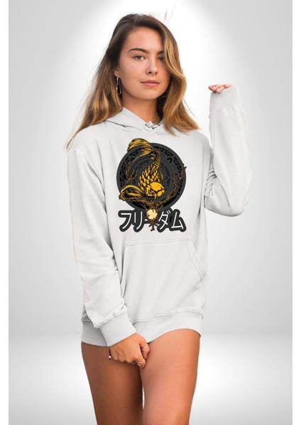 Koi Balığı Japon Efsanesi Kadın Erkek Baskılı Üç Iplik Beyaz Kapüşonlu Hodie Sweatshirt fiyatları