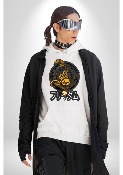 Koi Balığı Japon Efsanesi Kadın Erkek Baskılı Üç Iplik Beyaz Kapüşonlu Hodie Sweatshirt modelleri