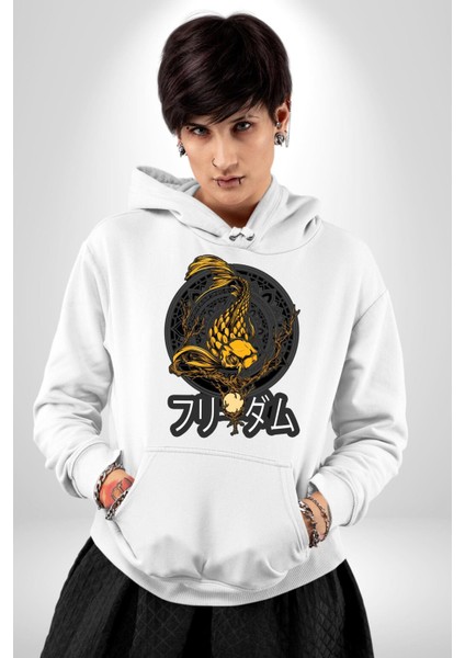 Koi Balığı Japon Efsanesi Kadın Erkek Baskılı Üç Iplik Beyaz Kapüşonlu Hodie Sweatshirt fırsatları