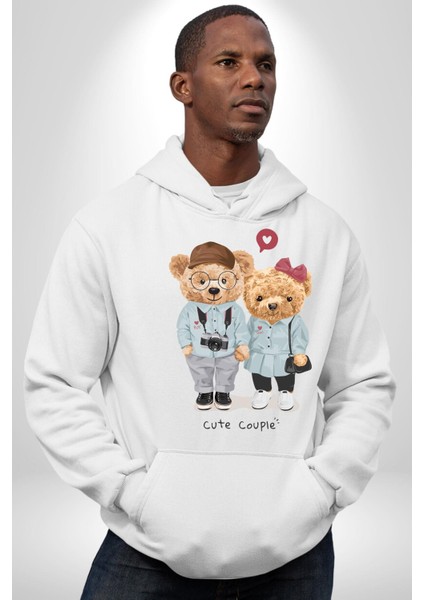 Sevgililer Oyuncak Ayı Kadın Erkek Baskılı Üç Iplik Beyaz Kapüşonlu Hodie Sweatshirt