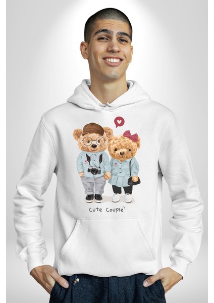 Sevgililer Oyuncak Ayı Kadın Erkek Baskılı Üç Iplik Beyaz Kapüşonlu Hodie Sweatshirt fırsatları