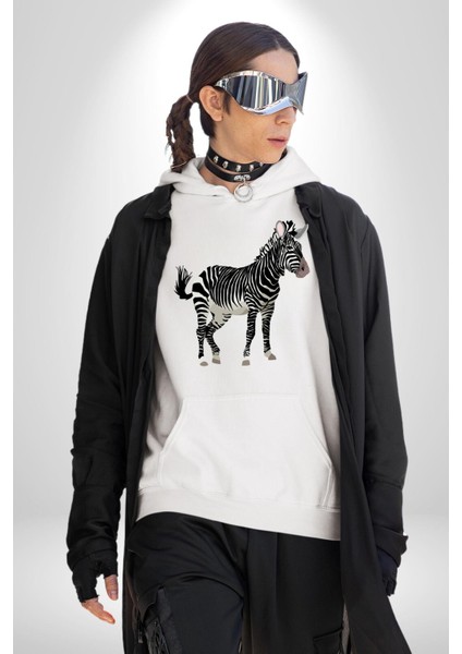 Vahşi Orman Zebra Kadın Erkek Baskılı Üç Iplik Beyaz Kapüşonlu Hodie Sweatshirt