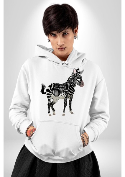 Vahşi Orman Zebra Kadın Erkek Baskılı Üç Iplik Beyaz Kapüşonlu Hodie Sweatshirt fiyatları