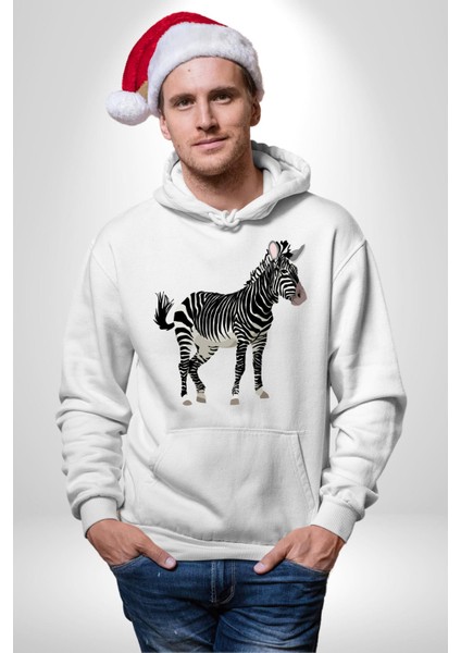 Vahşi Orman Zebra Kadın Erkek Baskılı Üç Iplik Beyaz Kapüşonlu Hodie Sweatshirt indirimleri