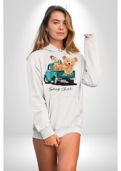 Sakin Takılmak Oyuncak Ayı Kadın Erkek Baskılı Üç Iplik Beyaz Kapüşonlu Hodie Sweatshirt