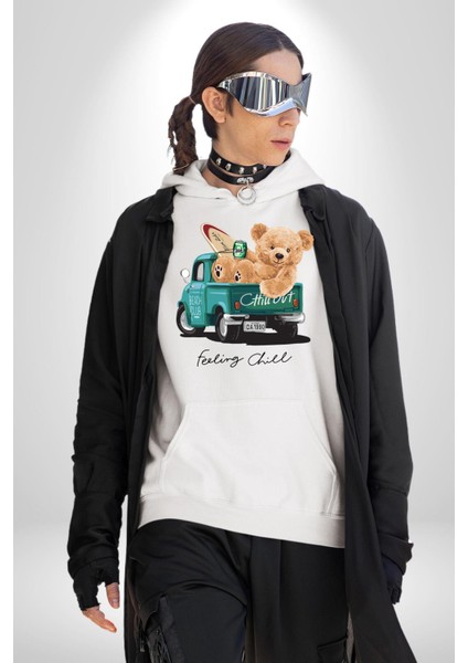 Sakin Takılmak Oyuncak Ayı Kadın Erkek Baskılı Üç Iplik Beyaz Kapüşonlu Hodie Sweatshirt