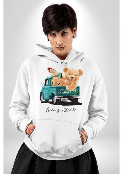 Sakin Takılmak Oyuncak Ayı Kadın Erkek Baskılı Üç Iplik Beyaz Kapüşonlu Hodie Sweatshirt