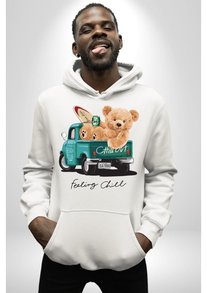 Sakin Takılmak Oyuncak Ayı Kadın Erkek Baskılı Üç Iplik Beyaz Kapüşonlu Hodie Sweatshirt
