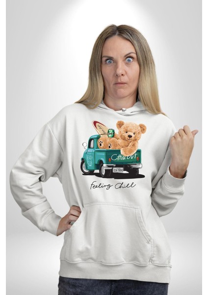 Sakin Takılmak Oyuncak Ayı Kadın Erkek Baskılı Üç Iplik Beyaz Kapüşonlu Hodie Sweatshirt