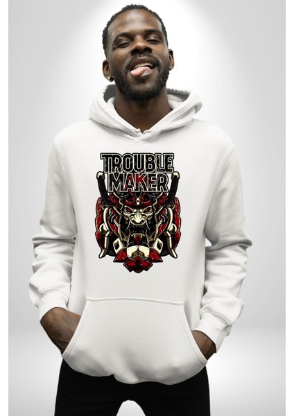Sorun Çıkaran Japon Samuray Kadın Erkek Baskılı Üç Iplik Beyaz Kapüşonlu Hodie Sweatshirt