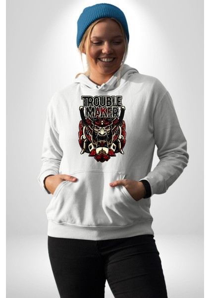 Sorun Çıkaran Japon Samuray Kadın Erkek Baskılı Üç Iplik Beyaz Kapüşonlu Hodie Sweatshirt fırsatları