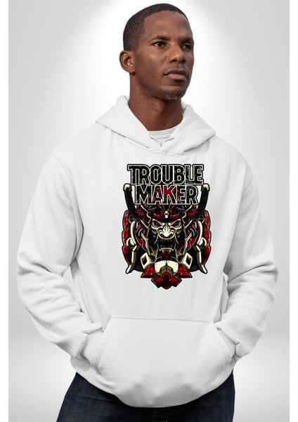 Sorun Çıkaran Japon Samuray Kadın Erkek Baskılı Üç Iplik Beyaz Kapüşonlu Hodie Sweatshirt indirimleri