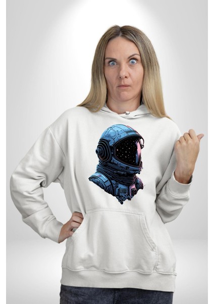 Astronot Uzay Space x Kadın Erkek Baskılı Üç Iplik Beyaz Kapüşonlu Hodie Sweatshirt