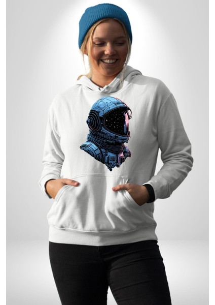 Astronot Uzay Space x Kadın Erkek Baskılı Üç Iplik Beyaz Kapüşonlu Hodie Sweatshirt modelleri