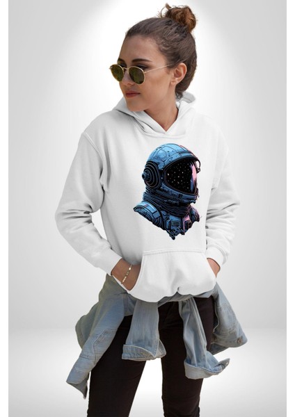 Astronot Uzay Space x Kadın Erkek Baskılı Üç Iplik Beyaz Kapüşonlu Hodie Sweatshirt indirimleri