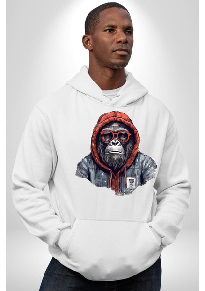 Kapşonlu Goril Sokak Tarzı Kadın Erkek Baskılı Üç Iplik Beyaz Kapüşonlu Hodie Sweatshirt