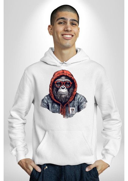 Kapşonlu Goril Sokak Tarzı Kadın Erkek Baskılı Üç Iplik Beyaz Kapüşonlu Hodie Sweatshirt fırsatları