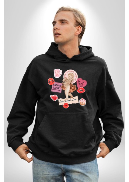Aşkı Seç Heykel Aşk Meleği Kadın Erkek Baskılı Üç Iplik Siyah Kapüşonlu Hodie Sweatshirt