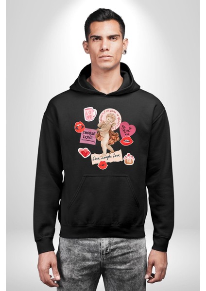 Aşkı Seç Heykel Aşk Meleği Kadın Erkek Baskılı Üç Iplik Siyah Kapüşonlu Hodie Sweatshirt fiyatları