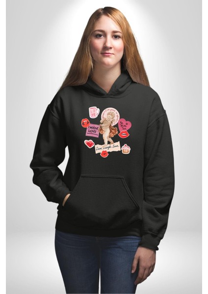 Aşkı Seç Heykel Aşk Meleği Kadın Erkek Baskılı Üç Iplik Siyah Kapüşonlu Hodie Sweatshirt modelleri