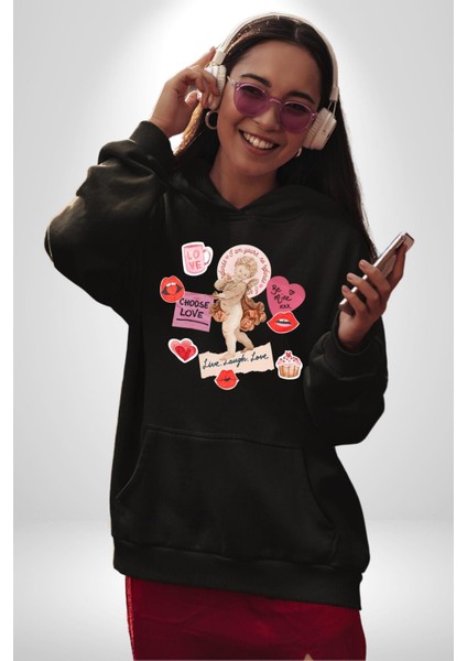 Aşkı Seç Heykel Aşk Meleği Kadın Erkek Baskılı Üç Iplik Siyah Kapüşonlu Hodie Sweatshirt fırsatları