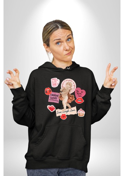 Aşkı Seç Heykel Aşk Meleği Kadın Erkek Baskılı Üç Iplik Siyah Kapüşonlu Hodie Sweatshirt indirimleri