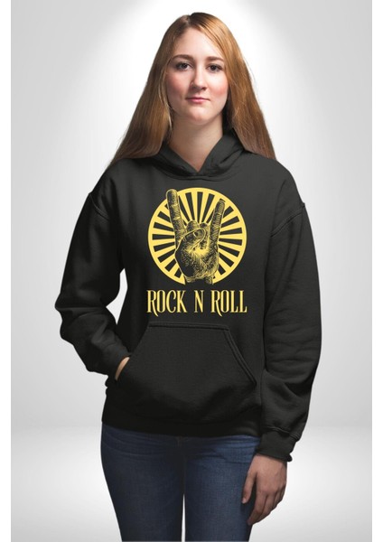 Rock N Roll Tasarım Kadın Erkek Baskılı Üç Iplik Siyah Kapüşonlu Hodie Sweatshirt