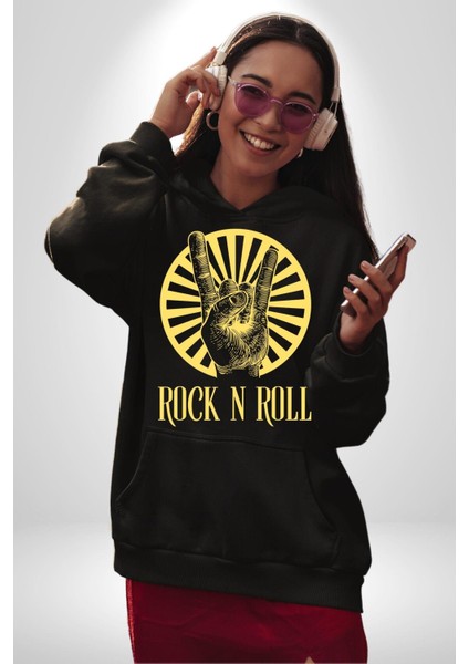 Rock N Roll Tasarım Kadın Erkek Baskılı Üç Iplik Siyah Kapüşonlu Hodie Sweatshirt fiyatları