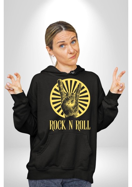 Rock N Roll Tasarım Kadın Erkek Baskılı Üç Iplik Siyah Kapüşonlu Hodie Sweatshirt modelleri