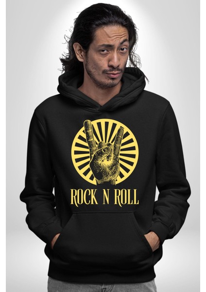 Rock N Roll Tasarım Kadın Erkek Baskılı Üç Iplik Siyah Kapüşonlu Hodie Sweatshirt fırsatları