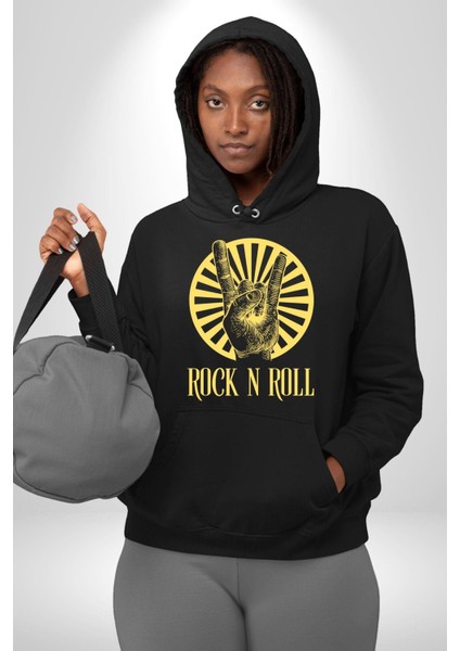 Rock N Roll Tasarım Kadın Erkek Baskılı Üç Iplik Siyah Kapüşonlu Hodie Sweatshirt indirimleri