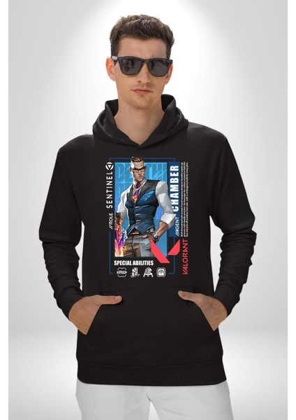 Chamber Sentinel Karakter Kadın Erkek Baskılı Üç Iplik Siyah Kapüşonlu Hodie Sweatshirt