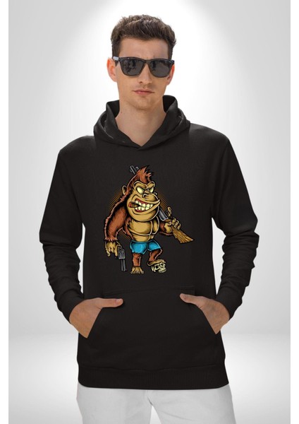 Teksaslı Savaşçı Goril Kadın Erkek Baskılı Üç Iplik Siyah Kapüşonlu Hodie Sweatshirt modelleri