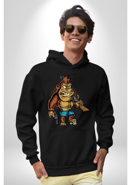 Teksaslı Savaşçı Goril Kadın Erkek Baskılı Üç Iplik Siyah Kapüşonlu Hodie Sweatshirt fırsatları