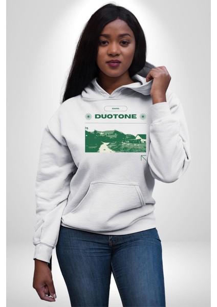 Çift Ayar Yeşil Tonları Köy Evleri Kadın Erkek Baskılı Üç Iplik Beyaz Kapüşonlu Hodie Sweatshirt