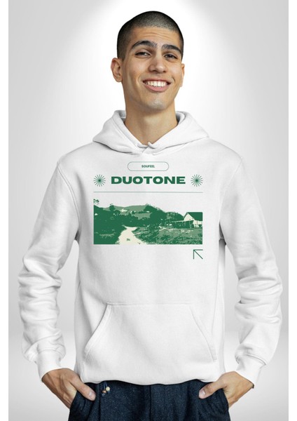 Çift Ayar Yeşil Tonları Köy Evleri Kadın Erkek Baskılı Üç Iplik Beyaz Kapüşonlu Hodie Sweatshirt fiyatları