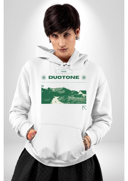 Çift Ayar Yeşil Tonları Köy Evleri Kadın Erkek Baskılı Üç Iplik Beyaz Kapüşonlu Hodie Sweatshirt indirimleri