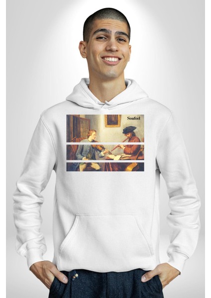 Kemanist ve Flütçü Orta Çağ Kadın Erkek Baskılı Üç Iplik Beyaz Kapüşonlu Hodie Sweatshirt