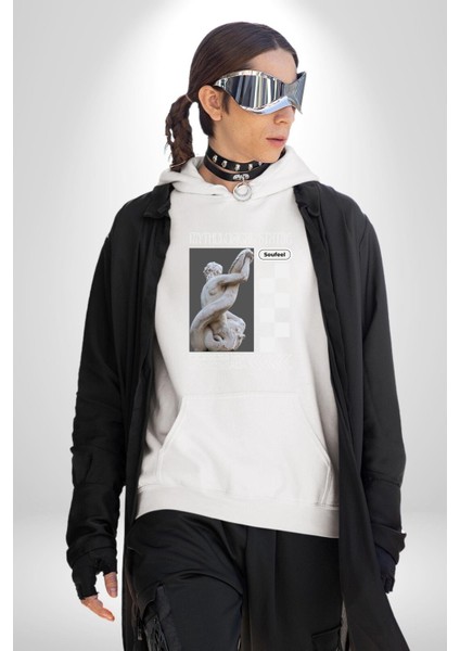 Mitolojik Heykeller Kadın Erkek Baskılı Üç Iplik Beyaz Kapüşonlu Hodie Sweatshirt