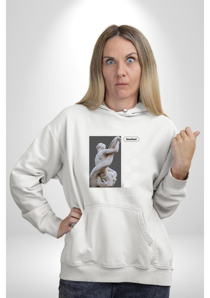 Mitolojik Heykeller Kadın Erkek Baskılı Üç Iplik Beyaz Kapüşonlu Hodie Sweatshirt fırsatları