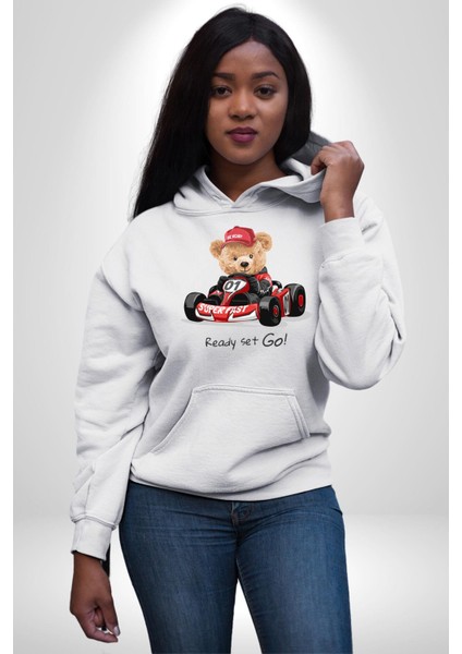 Süper Hızlı Go Kart Oyuncak Ayı Kadın Erkek Baskılı Üç Iplik Beyaz Kapüşonlu Hodie Sweatshirt