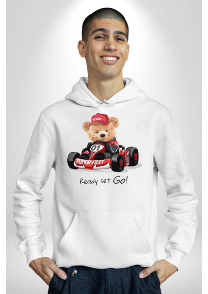 Süper Hızlı Go Kart Oyuncak Ayı Kadın Erkek Baskılı Üç Iplik Beyaz Kapüşonlu Hodie Sweatshirt fiyatları