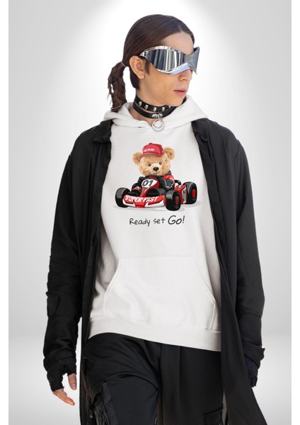 Süper Hızlı Go Kart Oyuncak Ayı Kadın Erkek Baskılı Üç Iplik Beyaz Kapüşonlu Hodie Sweatshirt fırsatları