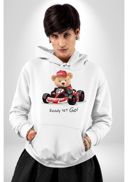 Süper Hızlı Go Kart Oyuncak Ayı Kadın Erkek Baskılı Üç Iplik Beyaz Kapüşonlu Hodie Sweatshirt indirimleri