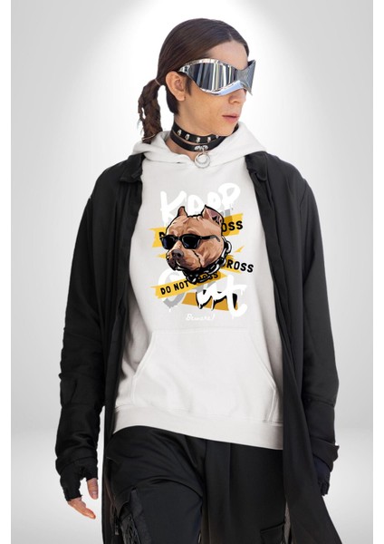 Pitbull Uzak Dur Kadın Erkek Baskılı Üç Iplik Beyaz Kapüşonlu Hodie Sweatshirt