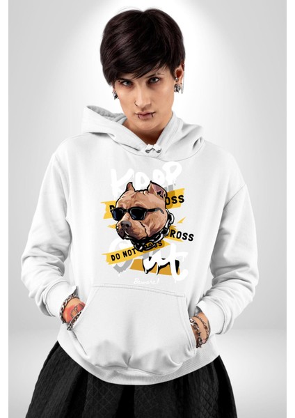 Pitbull Uzak Dur Kadın Erkek Baskılı Üç Iplik Beyaz Kapüşonlu Hodie Sweatshirt fiyatları