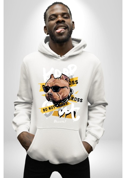 Pitbull Uzak Dur Kadın Erkek Baskılı Üç Iplik Beyaz Kapüşonlu Hodie Sweatshirt modelleri