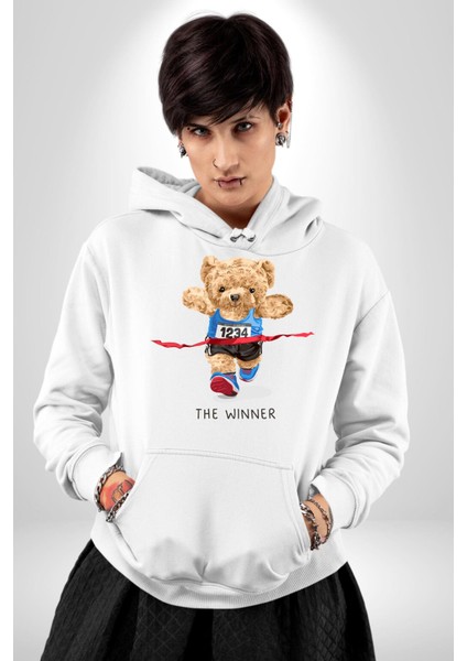 Koşucu Tatlı Oyuncak Ayı Kadın Erkek Baskılı Üç Iplik Beyaz Kapüşonlu Hodie Sweatshirt