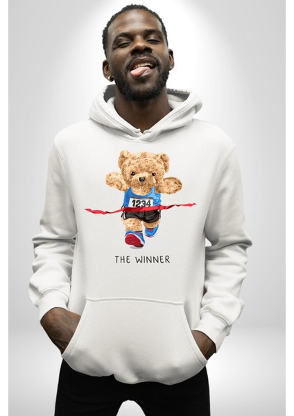 Koşucu Tatlı Oyuncak Ayı Kadın Erkek Baskılı Üç Iplik Beyaz Kapüşonlu Hodie Sweatshirt fiyatları