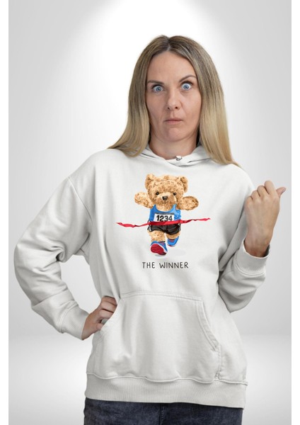 Koşucu Tatlı Oyuncak Ayı Kadın Erkek Baskılı Üç Iplik Beyaz Kapüşonlu Hodie Sweatshirt modelleri